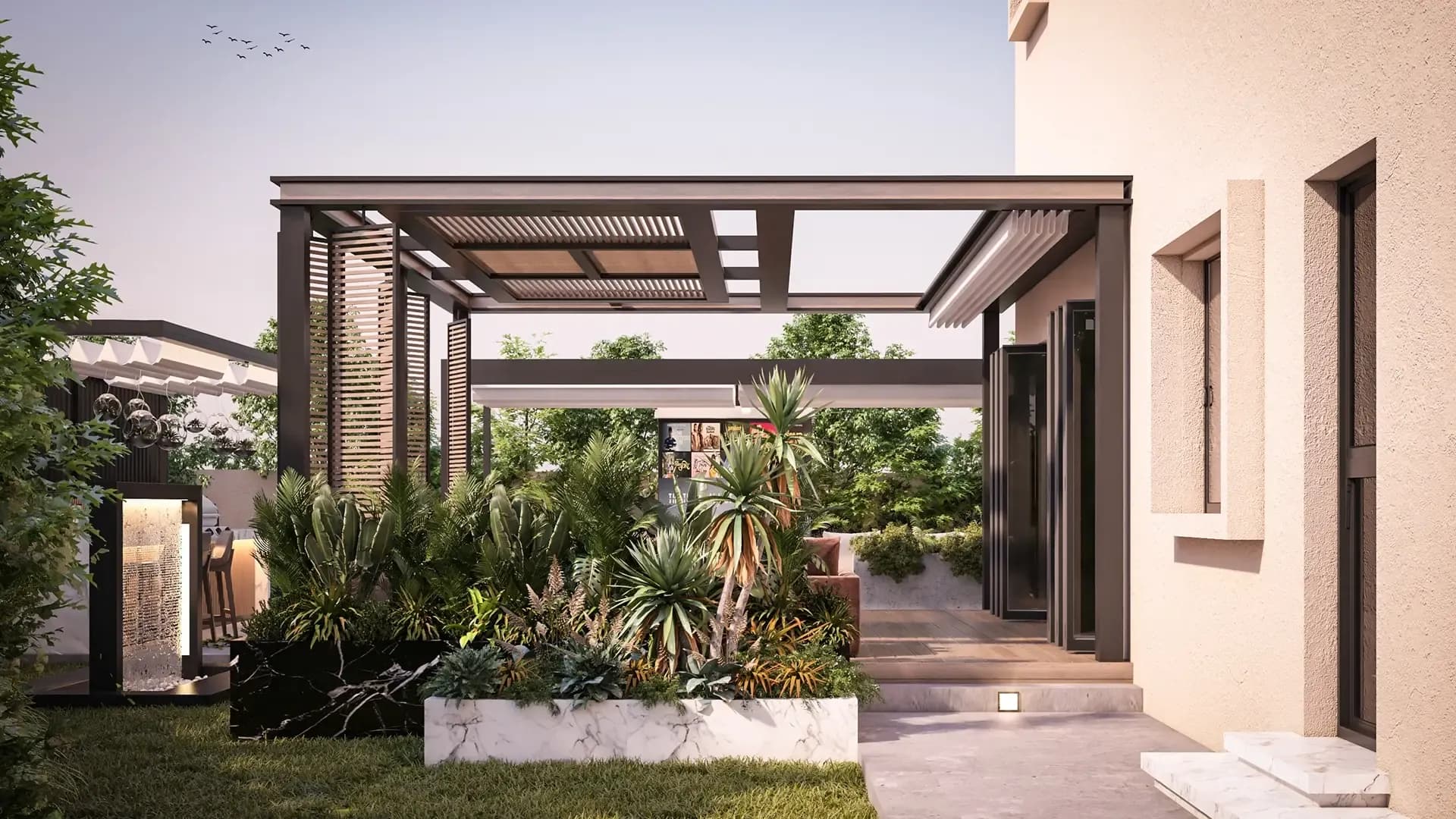 Plantation beside a pergola at a private villa in Dubai